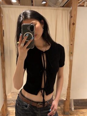 Steve Madden Tie Front Cardigan Sereia Black Cropped Night Out Sweater